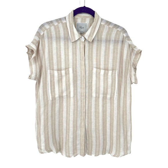 Rails Cito Women Medium Button Down Shirt Striped Short Sleeve Tan Cream Coastal - Picture 1 of 9
